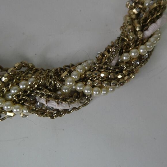 Mixed Material Braided Woven Bib Statement Necklace Fabric Pearl Rhinestones - Picture 5 of 10